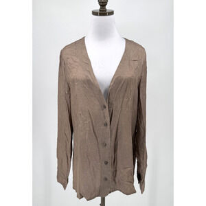 Daub Womens Taupe Satin V Neck Long Sleeve Button Top Sz IT 44